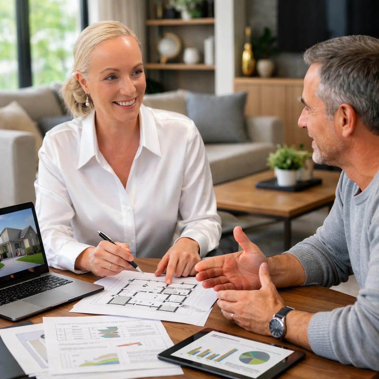 Real estate agent discussing house plans with a client during a mini makeover consultation.