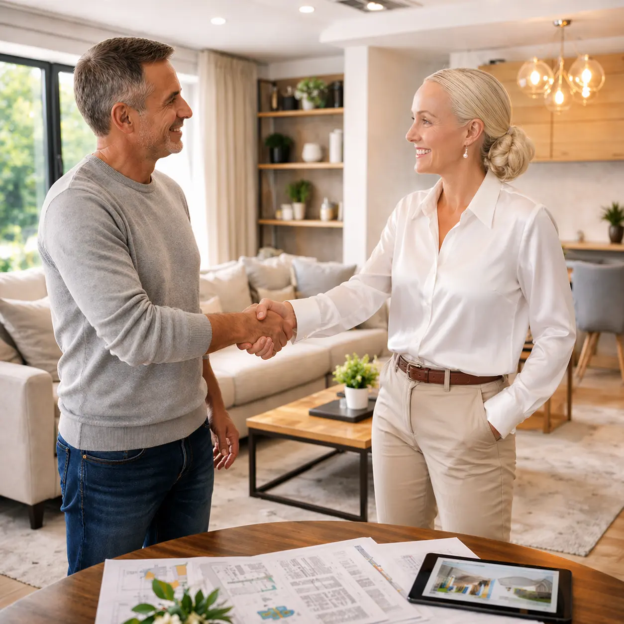 Real estate agent shaking hands with a client in a modern living room during a mini makeover consultation.